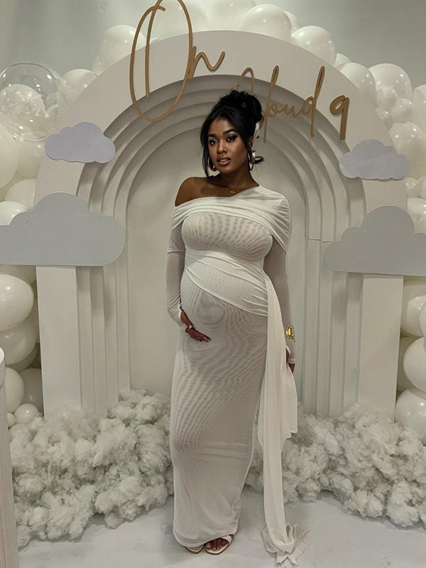 Momsmood White Mesh Irregular Ruched Draped Off Shoulder Bodycon Elegant Cocktail Party Gown Maternity Photoshoot Baby Shower Maxi Dress