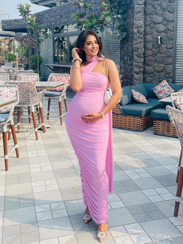 Momsmood Pink Mesh Ruched Bandeau Draped One Shoulder Bodycon Elegant Cocktail Party Gown Maternity Photoshoot Baby Shower Maxi Dress