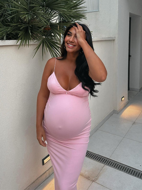 Momsmood Bow Solid Color Cami Mermaid Bodycon Cute Vacation Photoshoot Baby Shower Maternity Maxi Dress