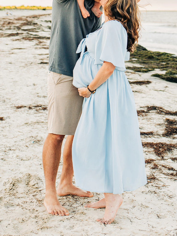Momsmood Bow Flutter Sleeve Solid V-neck Flowy Beach Cute Photoshoot Baby Shower Maternity Maxi Dress