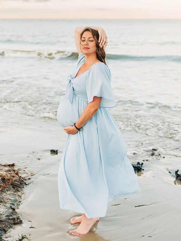Momsmood Bow Flutter Sleeve Solid V-neck Flowy Beach Cute Photoshoot Baby Shower Maternity Maxi Dress