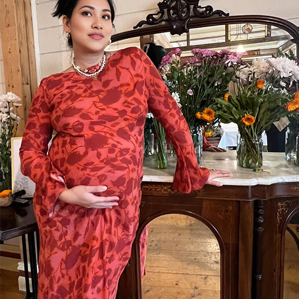 Momsmood Red Leopard Flare Sleeve Mermaid Bodycon Cute Elegant Photoshoot Baby Shower Maternity Maxi Dress