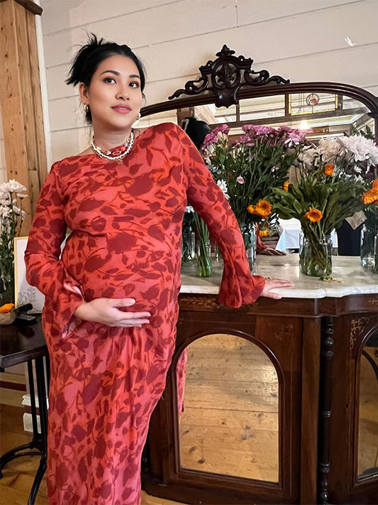 Momsmood Red Leopard Flare Sleeve Mermaid Bodycon Cute Elegant Photoshoot Baby Shower Maternity Maxi Dress
