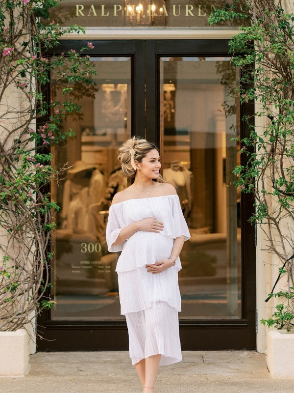 Momsmood White Off Shoulder Cake Ruffle Elegant Photoshoot Baby Shower Maternity Maxi Dress