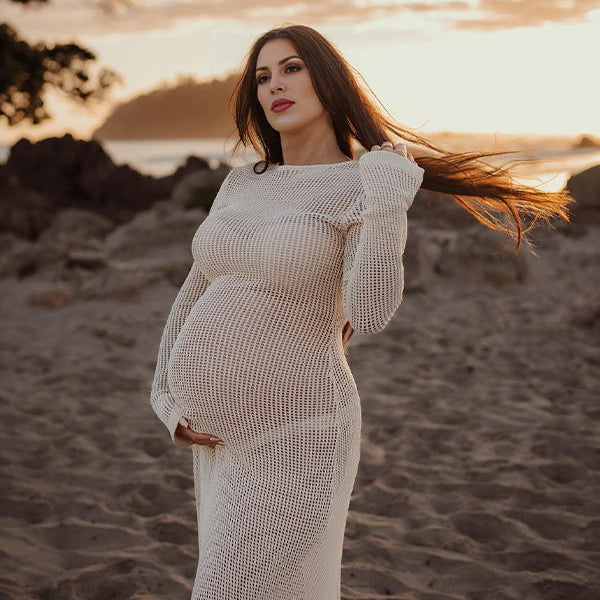 Momsmood Beige Back Tie Knit Cut Out Flare Sleeve Elegant Photoshoot Baby Shower Maternity Maxi Dress