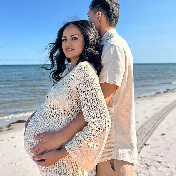 Momsmood Beige Cut Out Knit V-neck Flare Sleeve Backless Elegant Photoshoot Baby Shower Maternity Maxi Dress