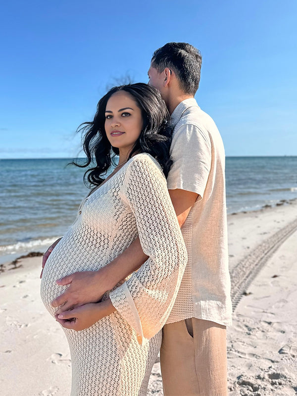 Momsmood Beige Cut Out Knit V-neck Flare Sleeve Backless Elegant Photoshoot Baby Shower Maternity Maxi Dress
