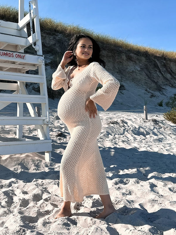 Momsmood Beige Cut Out Knit V-neck Flare Sleeve Backless Elegant Photoshoot Baby Shower Maternity Maxi Dress