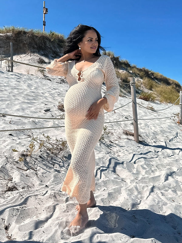 Momsmood Beige Cut Out Knit V-neck Flare Sleeve Backless Elegant Photoshoot Baby Shower Maternity Maxi Dress