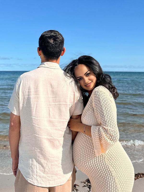 Momsmood Beige Cut Out Knit V-neck Flare Sleeve Backless Elegant Photoshoot Baby Shower Maternity Maxi Dress