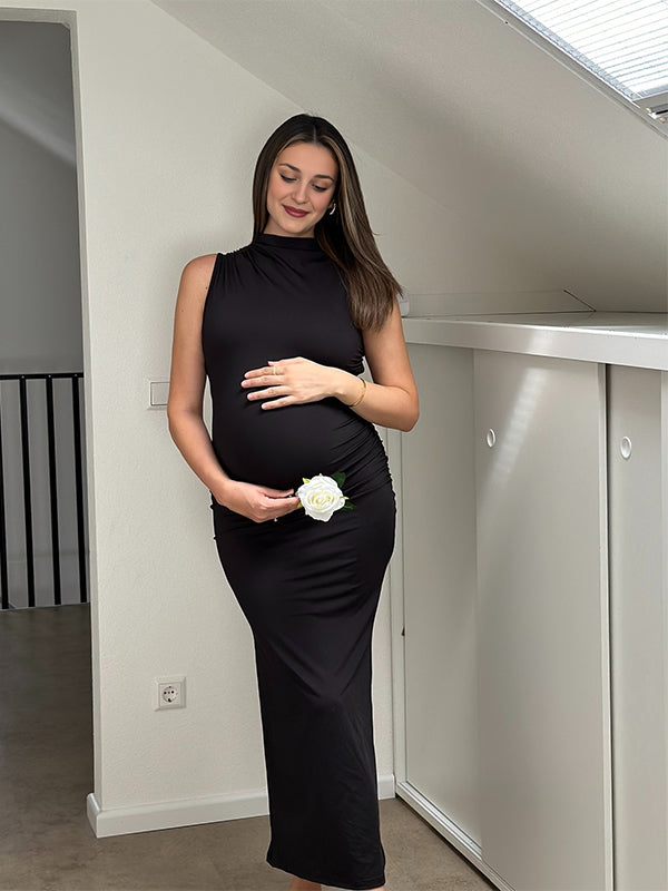 Momsmood Black Solid Ruched Band Neck Bodycon Elegant Photoshoot Baby Shower Maternity Maxi Dress