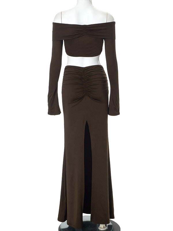 Momsmood Brown 2-in-1 Off Shoulder Flare Sleeve Ruched Back Slit Bodycon Elegant Photoshoot Maternity Maxi Dress
