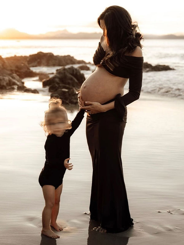 Momsmood Brown 2-in-1 Off Shoulder Flare Sleeve Ruched Back Slit Bodycon Elegant Photoshoot Maternity Maxi Dress