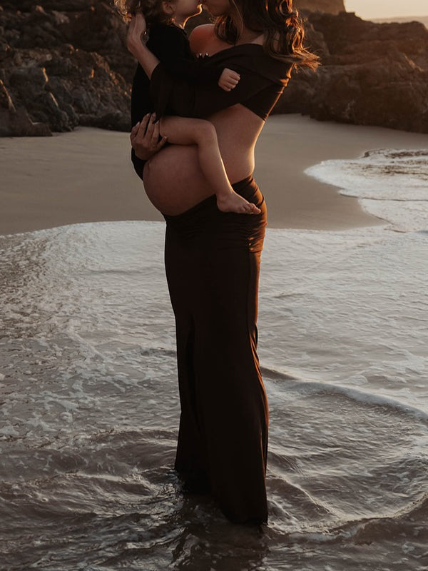 Momsmood Brown 2-in-1 Off Shoulder Flare Sleeve Ruched Back Slit Bodycon Elegant Photoshoot Maternity Maxi Dress