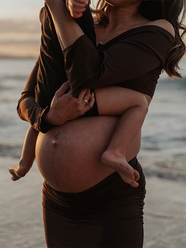 Momsmood Brown 2-in-1 Off Shoulder Flare Sleeve Ruched Back Slit Bodycon Elegant Photoshoot Maternity Maxi Dress
