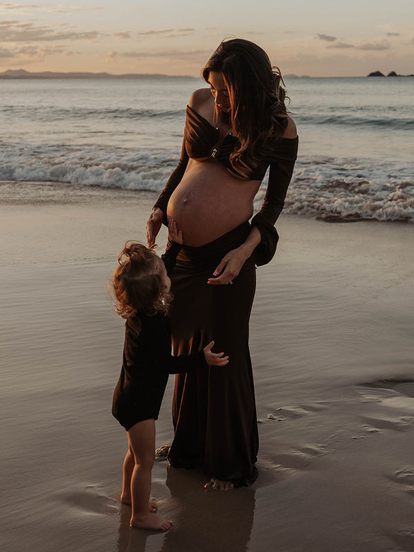 Momsmood Brown 2-in-1 Off Shoulder Flare Sleeve Ruched Back Slit Bodycon Elegant Photoshoot Maternity Maxi Dress