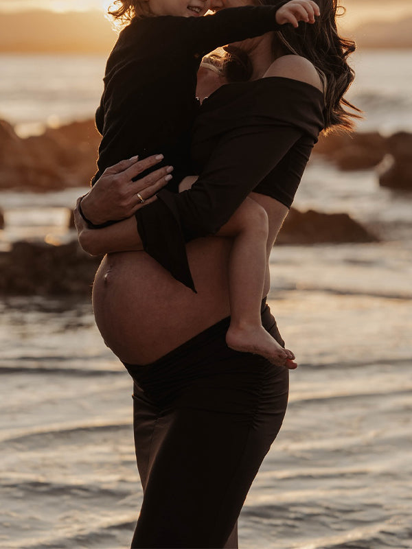 Momsmood Brown 2-in-1 Off Shoulder Flare Sleeve Ruched Back Slit Bodycon Elegant Photoshoot Maternity Maxi Dress