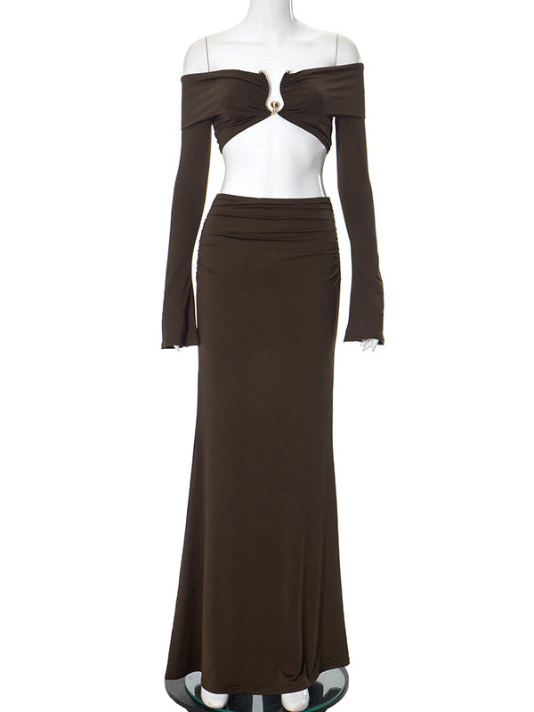 Momsmood Brown 2-in-1 Off Shoulder Flare Sleeve Ruched Back Slit Bodycon Elegant Photoshoot Maternity Maxi Dress