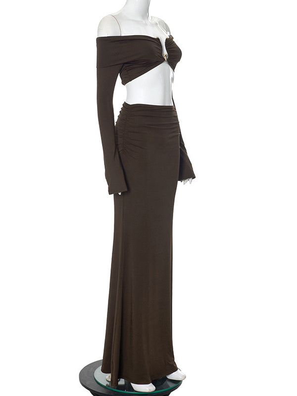 Momsmood Brown 2-in-1 Off Shoulder Flare Sleeve Ruched Back Slit Bodycon Elegant Photoshoot Maternity Maxi Dress