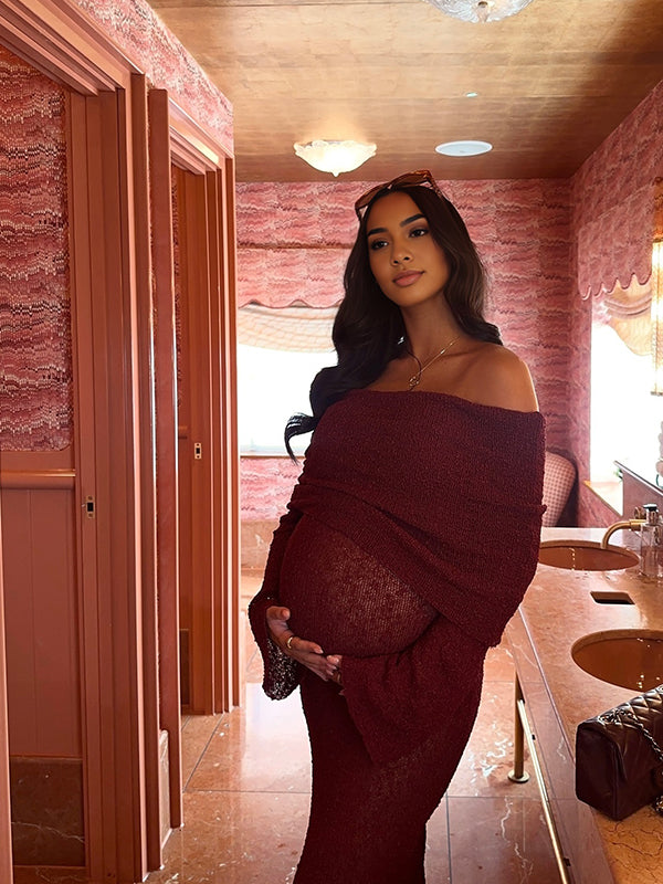 Momsmood Burgundy Knitted Off Shoulder Flare Sleeve Bodycon Elegant Baby Moon Beach Cover Up Maternity Photoshoot Baby Shower Maxi Dress