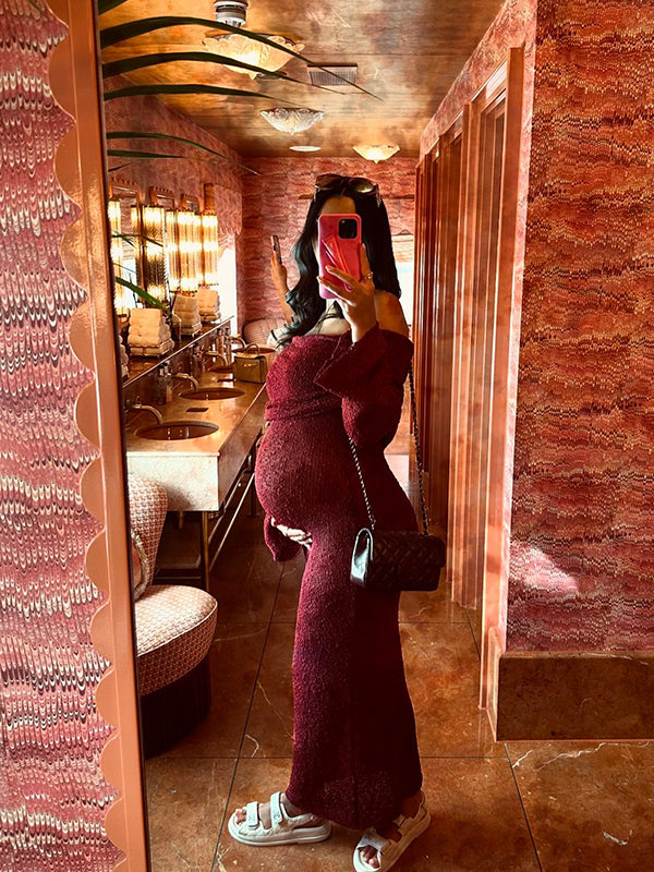Momsmood Burgundy Knitted Off Shoulder Flare Sleeve Bodycon Elegant Baby Moon Beach Cover Up Maternity Photoshoot Baby Shower Maxi Dress
