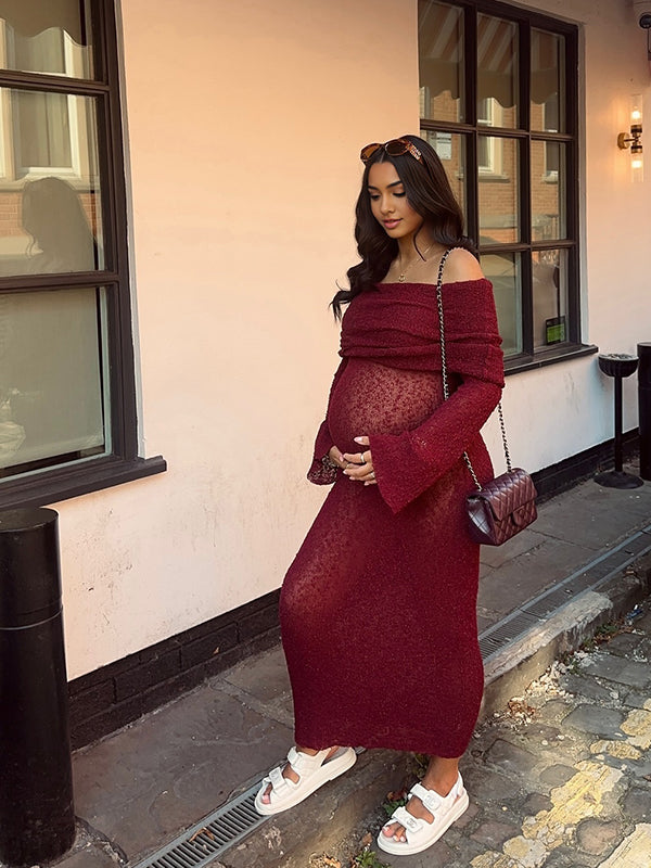 Momsmood Burgundy Knitted Off Shoulder Flare Sleeve Bodycon Elegant Baby Moon Beach Cover Up Maternity Photoshoot Baby Shower Maxi Dress