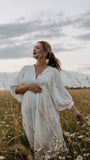 Momsmood White Front Tie Up Deep V-neck Lantern Sleeve Loose Sundress Elegant Vacation Baby Moon Flowy Boho Maternity Photoshoot Baby Shower Maxi Dress