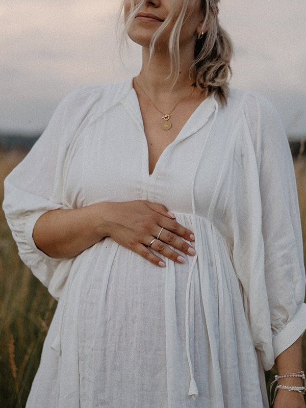 Momsmood White Front Tie Up Deep V-neck Lantern Sleeve Loose Sundress Elegant Vacation Baby Moon Flowy Boho Maternity Photoshoot Baby Shower Maxi Dress