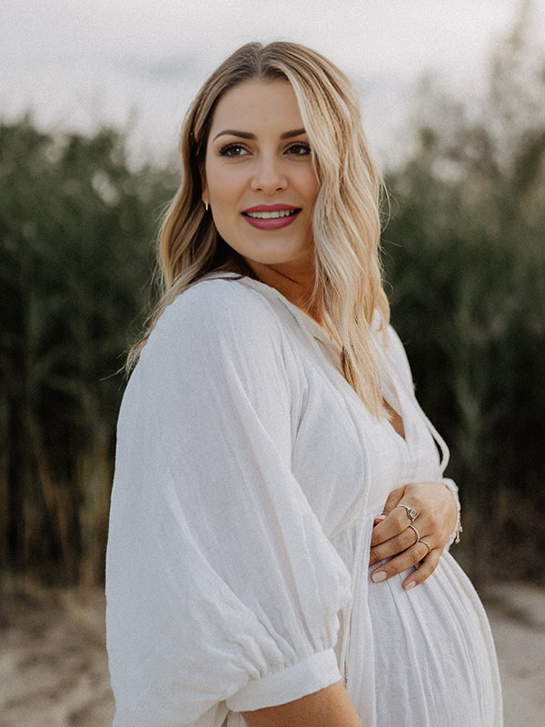 Momsmood White Front Tie Up Deep V-neck Lantern Sleeve Loose Sundress Elegant Vacation Baby Moon Flowy Boho Maternity Photoshoot Baby Shower Maxi Dress