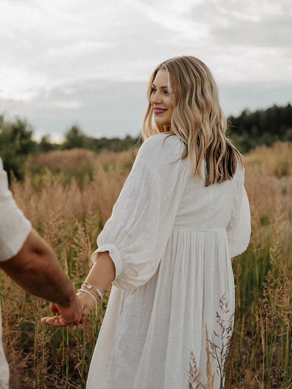 Momsmood White Front Tie Up Deep V-neck Lantern Sleeve Loose Sundress Elegant Vacation Baby Moon Flowy Boho Maternity Photoshoot Baby Shower Maxi Dress