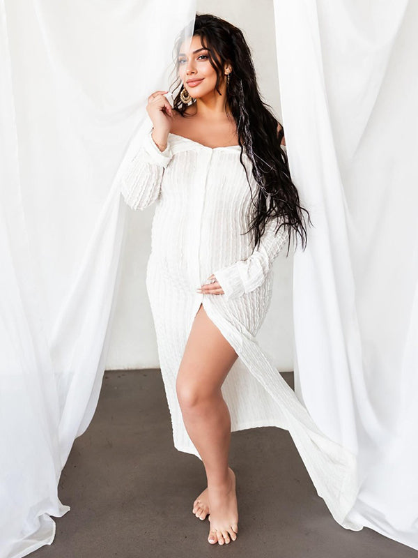 Momsmood White Off Shoulder Single Breasted Wavy Edge Sheer Bodycon Going Out Photoshoot Maternity Maxi Dress