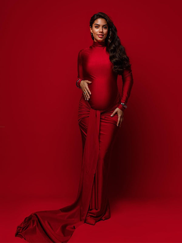 Momsmood Solid Color Belt Splicing Ruched Draped Bodycon Mermaid Long Sleeve Going Out Photoshoot Maternity Maxi Dress