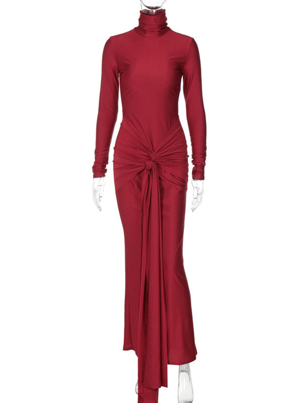 Momsmood Solid Color Belt Splicing Ruched Draped Bodycon Mermaid Long Sleeve Going Out Photoshoot Maternity Maxi Dress