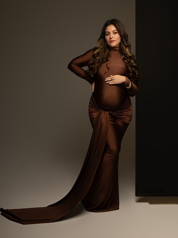 Momsmood Coffe Belt Splicing Ruched Draped Bodycon Mermaid Long Sleeve Going Out Photoshoot Maternity Maxi Dress