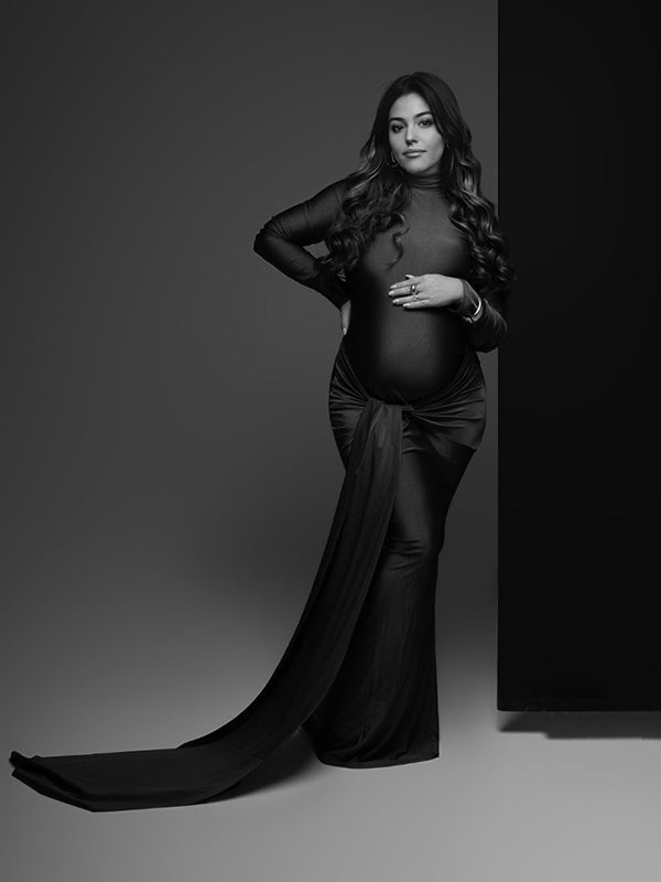 Momsmood Solid Color Belt Splicing Ruched Draped Bodycon Mermaid Long Sleeve Going Out Photoshoot Maternity Maxi Dress