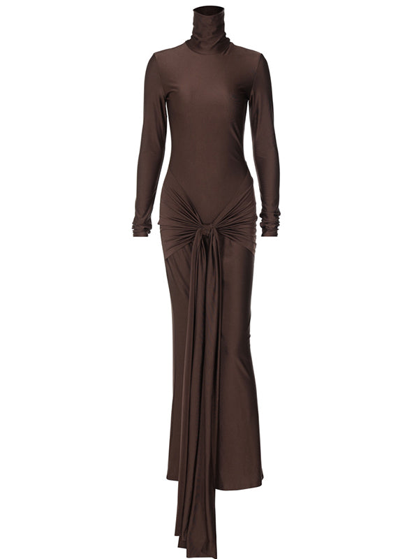 Momsmood Solid Color Belt Splicing Ruched Draped Bodycon Mermaid Long Sleeve Going Out Photoshoot Maternity Maxi Dress
