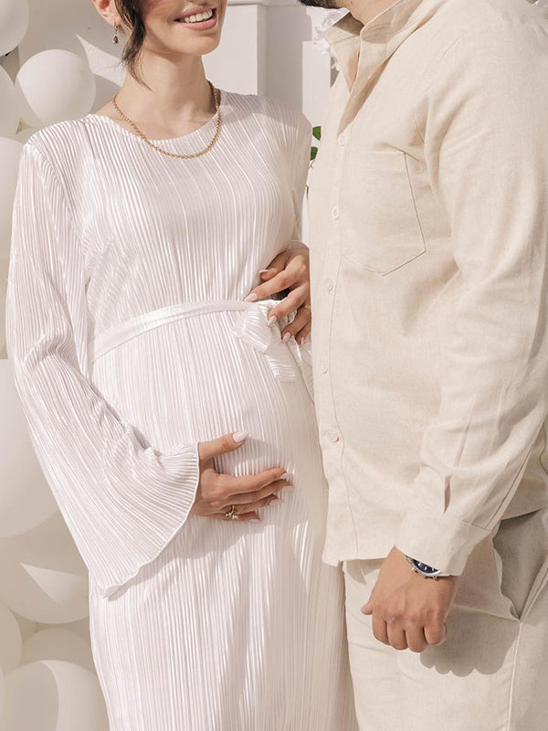 Momsmood White Pleated Sashes Flare Sleeve Bodycon Mermaid Going Out Cocktail Party Bandage Gowns Baby Shower Maternity Maxi Dress