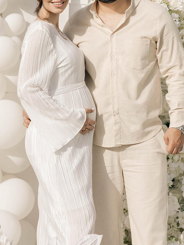 Momsmood White Pleated Sashes Flare Sleeve Bodycon Mermaid Going Out Cocktail Party Bandage Gowns Baby Shower Maternity Maxi Dress