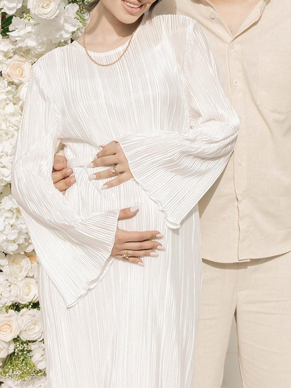 Momsmood White Pleated Sashes Flare Sleeve Bodycon Mermaid Going Out Cocktail Party Bandage Gowns Baby Shower Maternity Maxi Dress