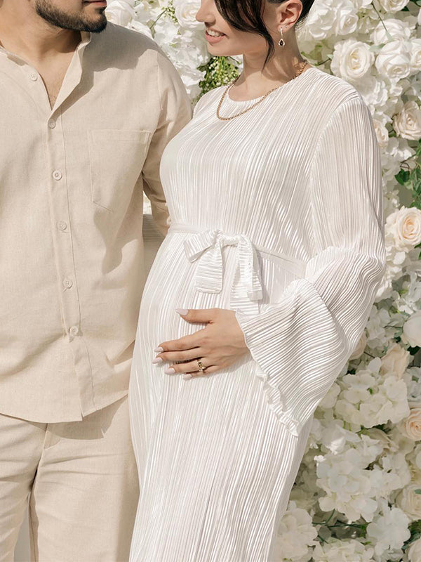 Momsmood White Pleated Sashes Flare Sleeve Bodycon Mermaid Going Out Cocktail Party Bandage Gowns Baby Shower Maternity Maxi Dress