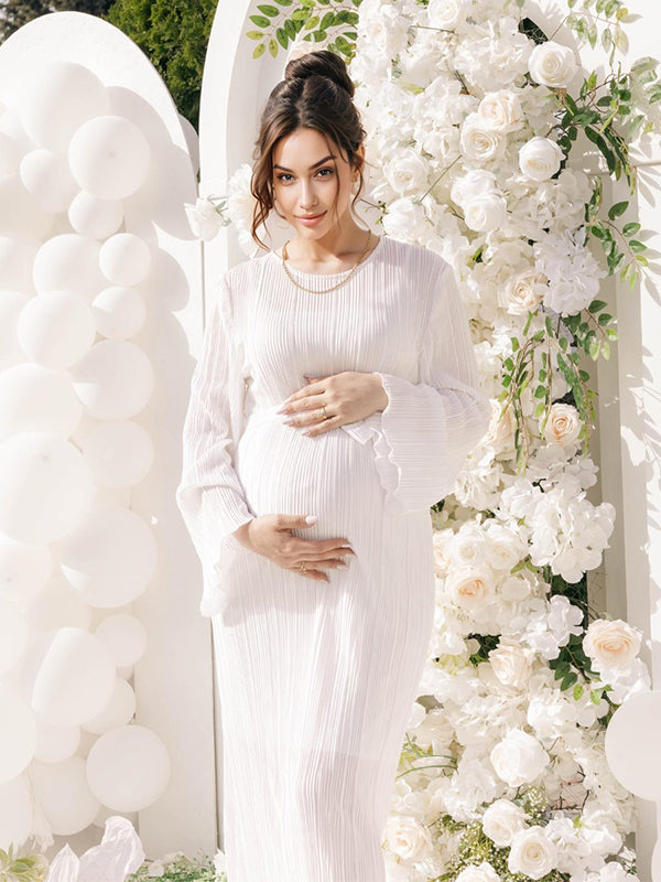 Momsmood White Pleated Sashes Flare Sleeve Bodycon Mermaid Going Out Cocktail Party Bandage Gowns Baby Shower Maternity Maxi Dress