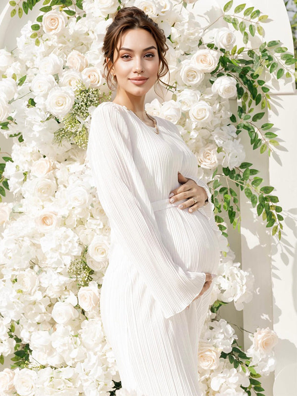 Momsmood White Pleated Sashes Flare Sleeve Bodycon Mermaid Going Out Cocktail Party Bandage Gowns Baby Shower Maternity Maxi Dress