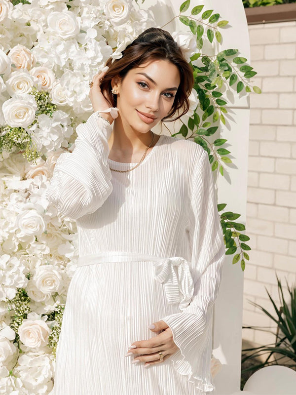 Momsmood White Pleated Sashes Flare Sleeve Bodycon Mermaid Going Out Cocktail Party Bandage Gowns Baby Shower Maternity Maxi Dress