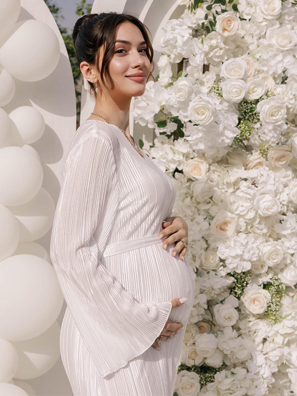 Momsmood White Pleated Sashes Flare Sleeve Bodycon Mermaid Going Out Cocktail Party Bandage Gowns Baby Shower Maternity Maxi Dress