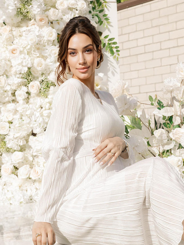 Momsmood White Pleated Sashes Flare Sleeve Bodycon Mermaid Going Out Cocktail Party Bandage Gowns Baby Shower Maternity Maxi Dress