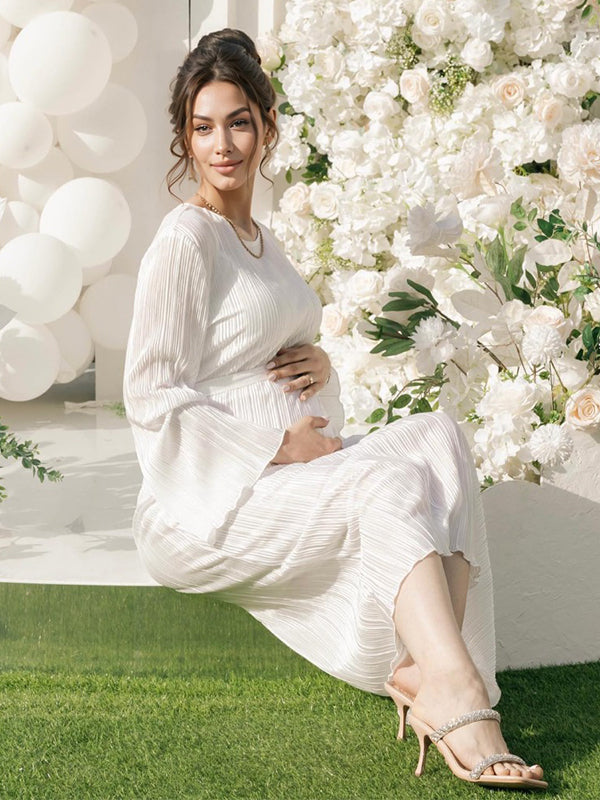 Momsmood White Pleated Sashes Flare Sleeve Bodycon Mermaid Going Out Cocktail Party Bandage Gowns Baby Shower Maternity Maxi Dress