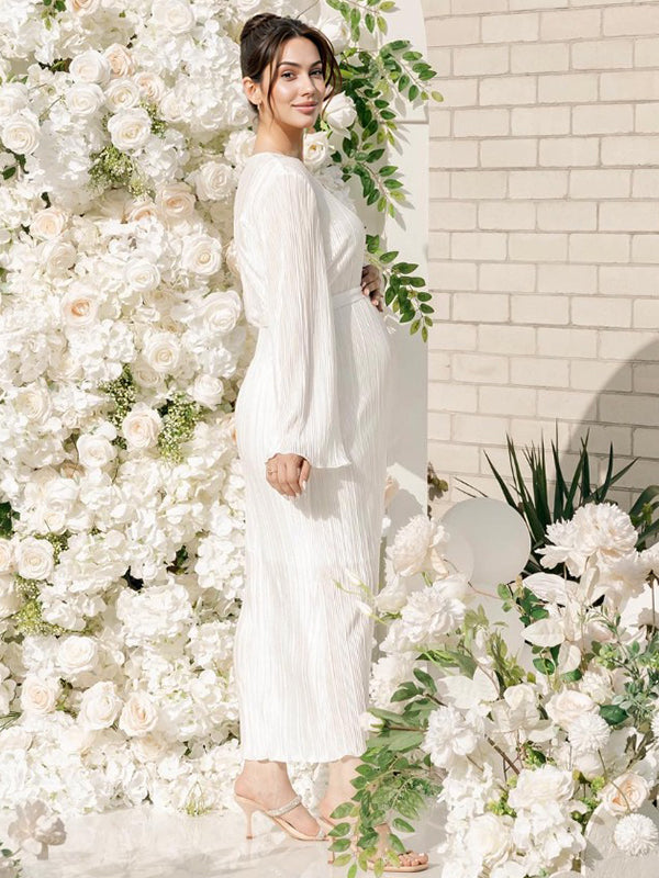Momsmood White Pleated Sashes Flare Sleeve Bodycon Mermaid Going Out Cocktail Party Bandage Gowns Baby Shower Maternity Maxi Dress