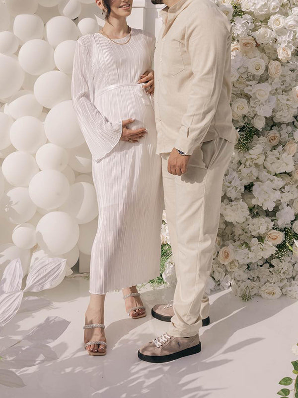 Momsmood White Pleated Sashes Flare Sleeve Bodycon Mermaid Going Out Cocktail Party Bandage Gowns Baby Shower Maternity Maxi Dress