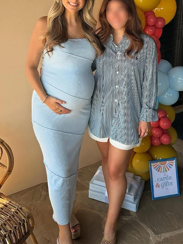 Momsmood Blue Bandeau Lines Bodycon Cute Elegant Gender Reveal Baby Shower Maternity Maxi Dress