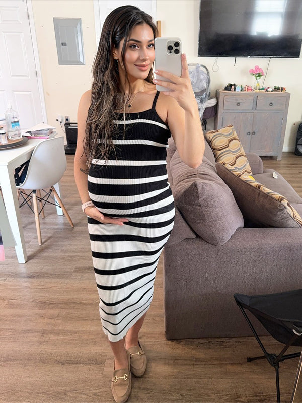 Momsmood Black Striped Knit Cami Bodycon Daily Casual Going Out Baby Shower Maternity Maxi Dress